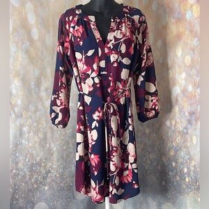 Vince Camuto V-Neck Floral Burgundy & Blue Midi Dress Size 8
